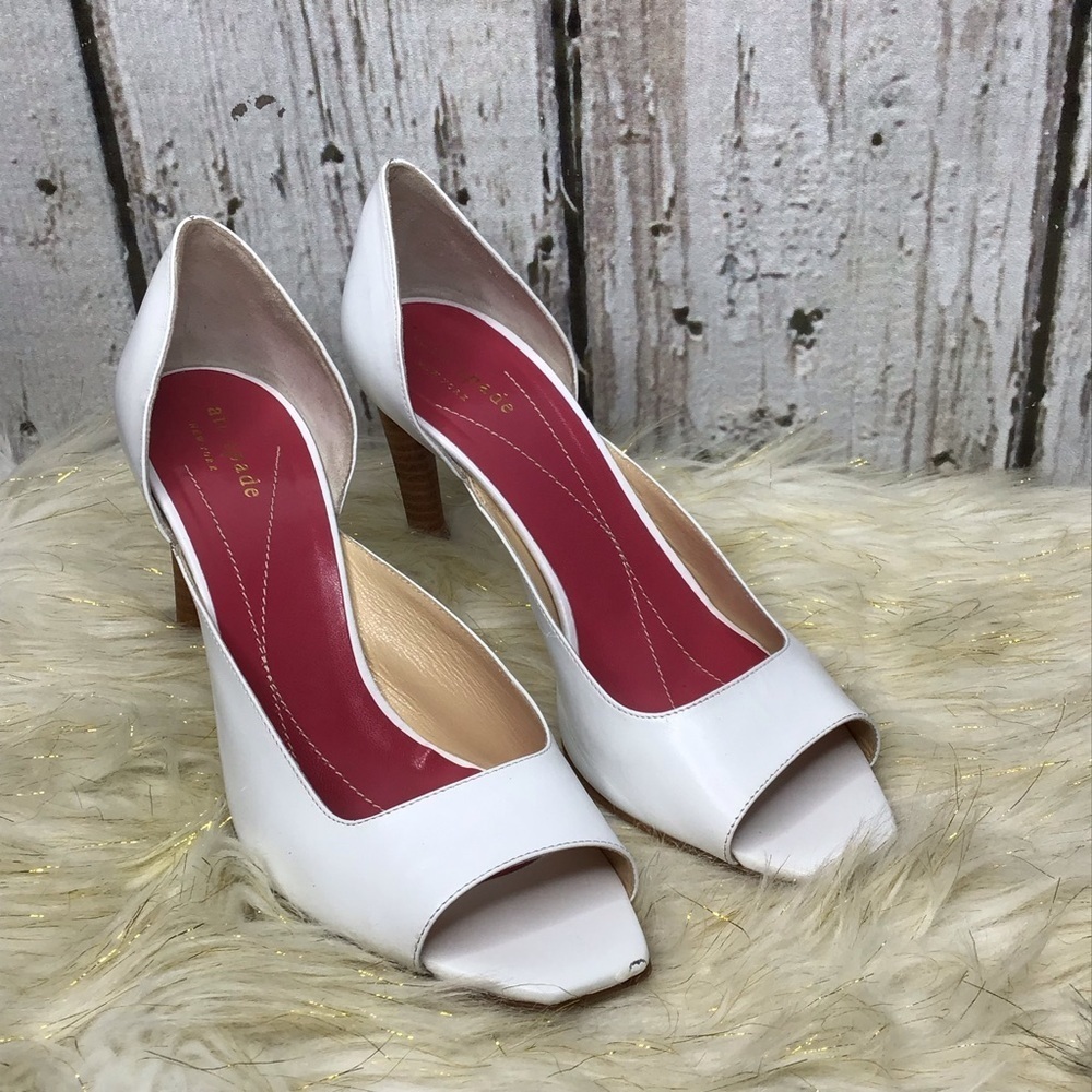 Kate Spade White D'orsay Open Toe Stacked Wood Wedding Heels Sz‎ 7.5 - Picture 9 of 16